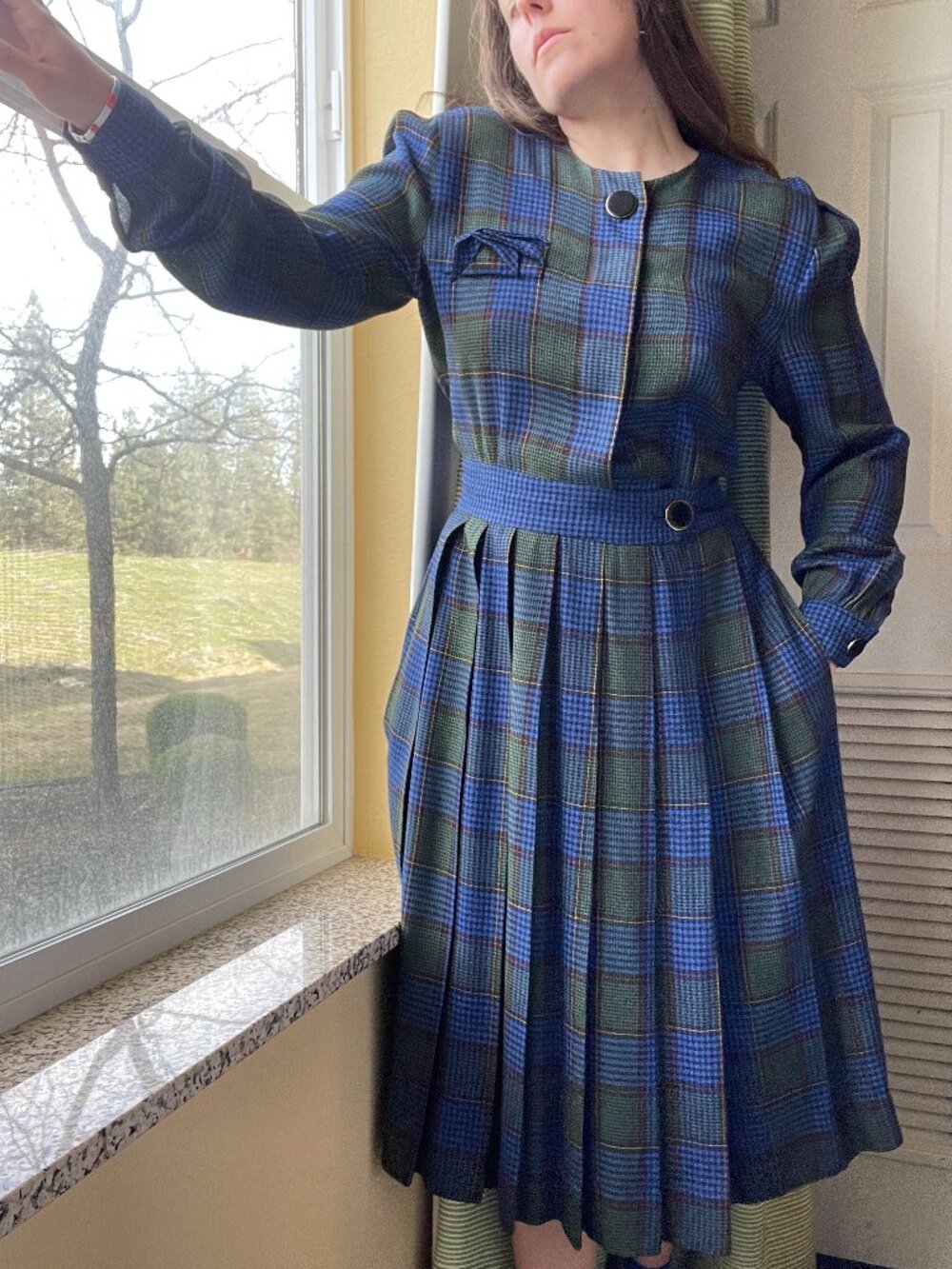 Vintage Joan Sparks Plaid Blue Green Long Sleeve Pleated Skirt Dress | Size M/L